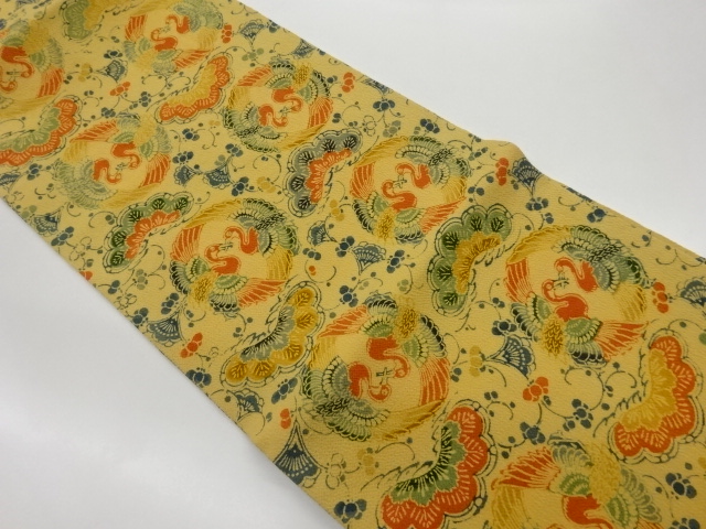 JAPANESE NAGOYA OBI / CHIRIMEN / KATAZOME / BIRDS & FLOWER ARABESQUE